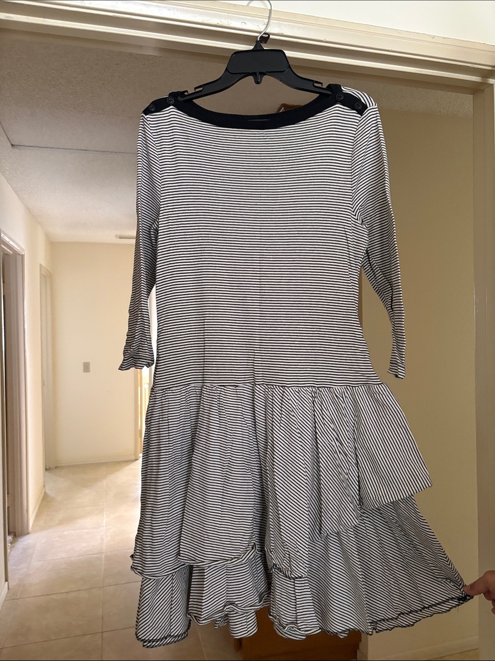 Lauren Ralph Lauren Black and White Striped Tiered Long-Sleeve Dress